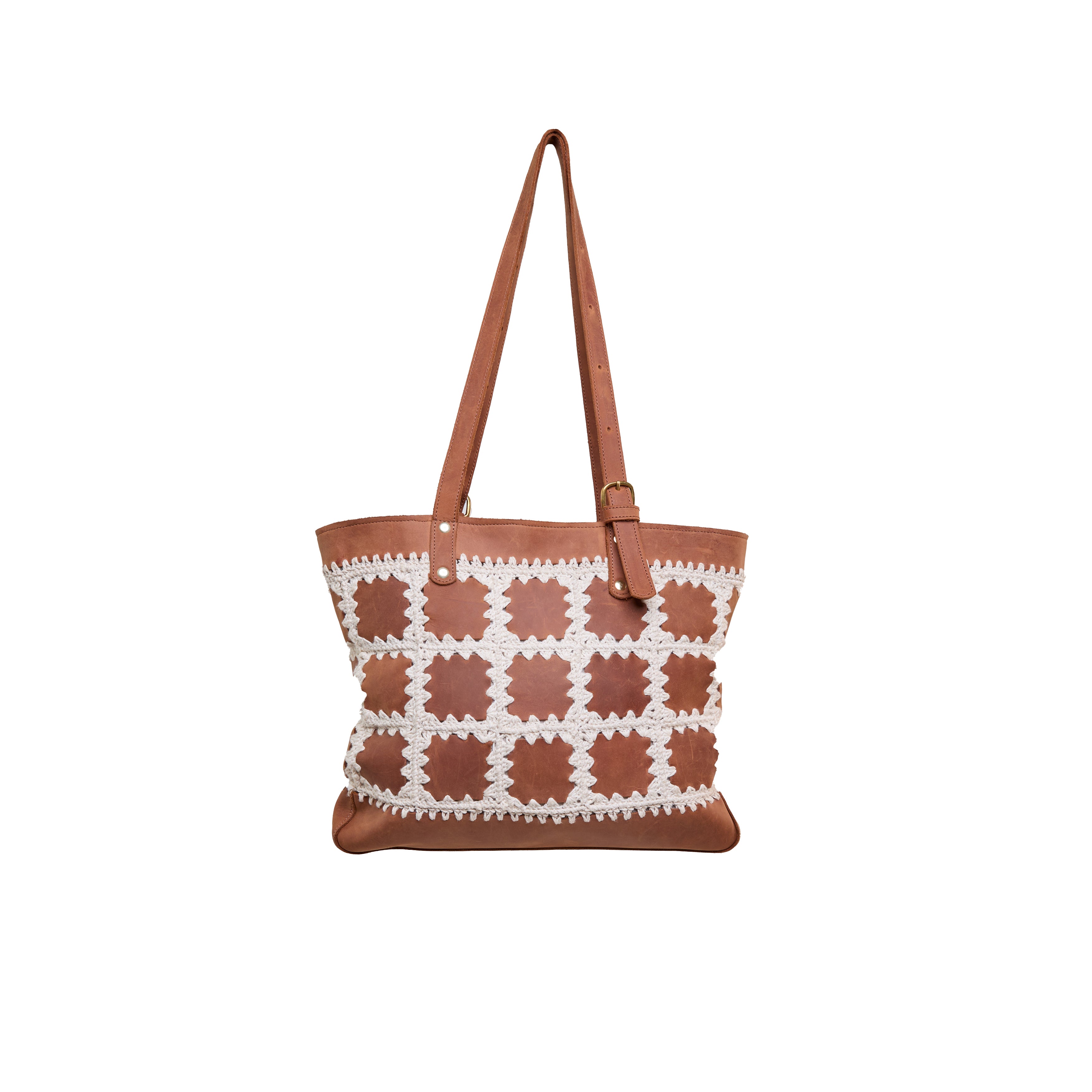 Pull-up Leather Siama Crochet Patched tote