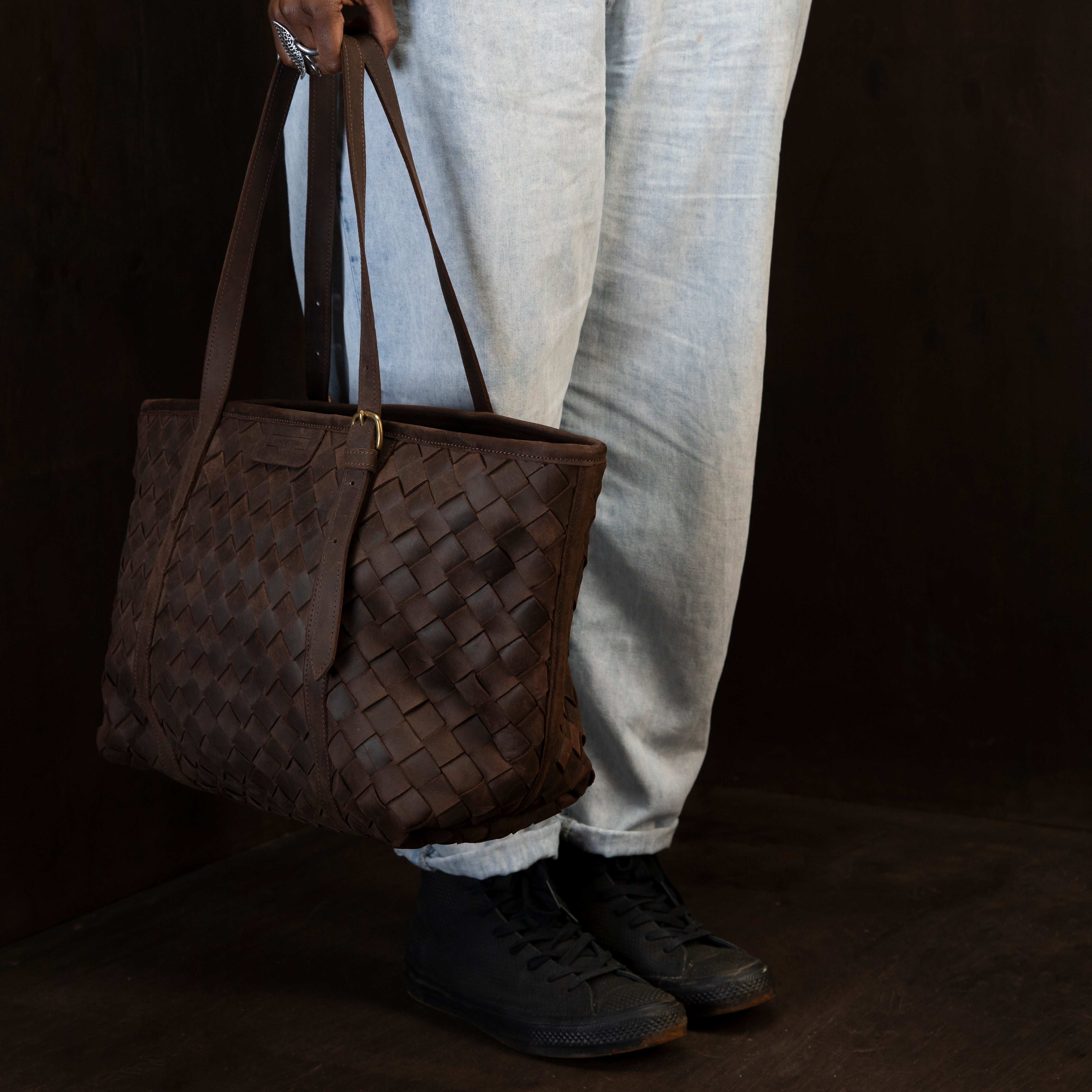 Pull-up Leather Woven Tote