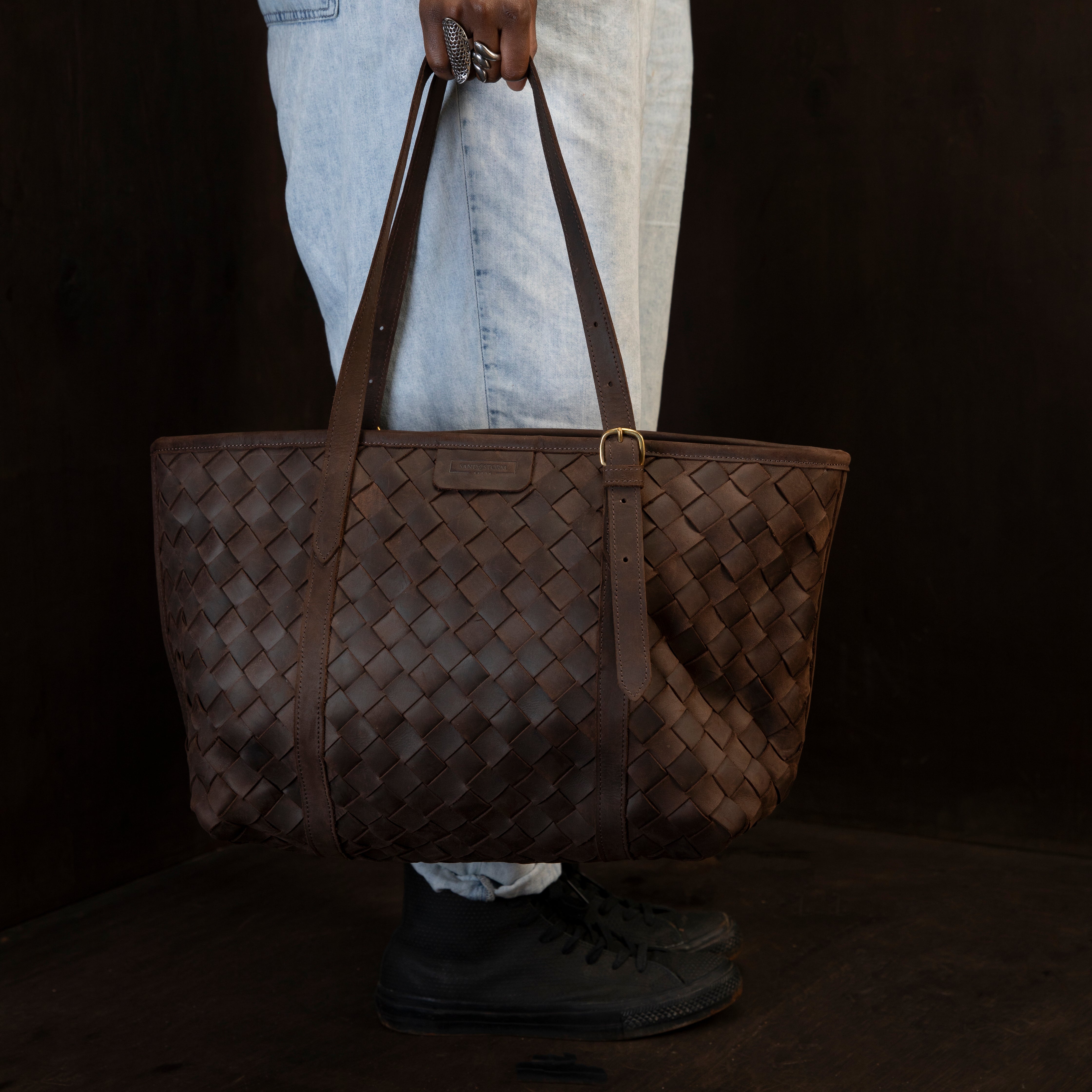 Pull-up Leather Woven Tote