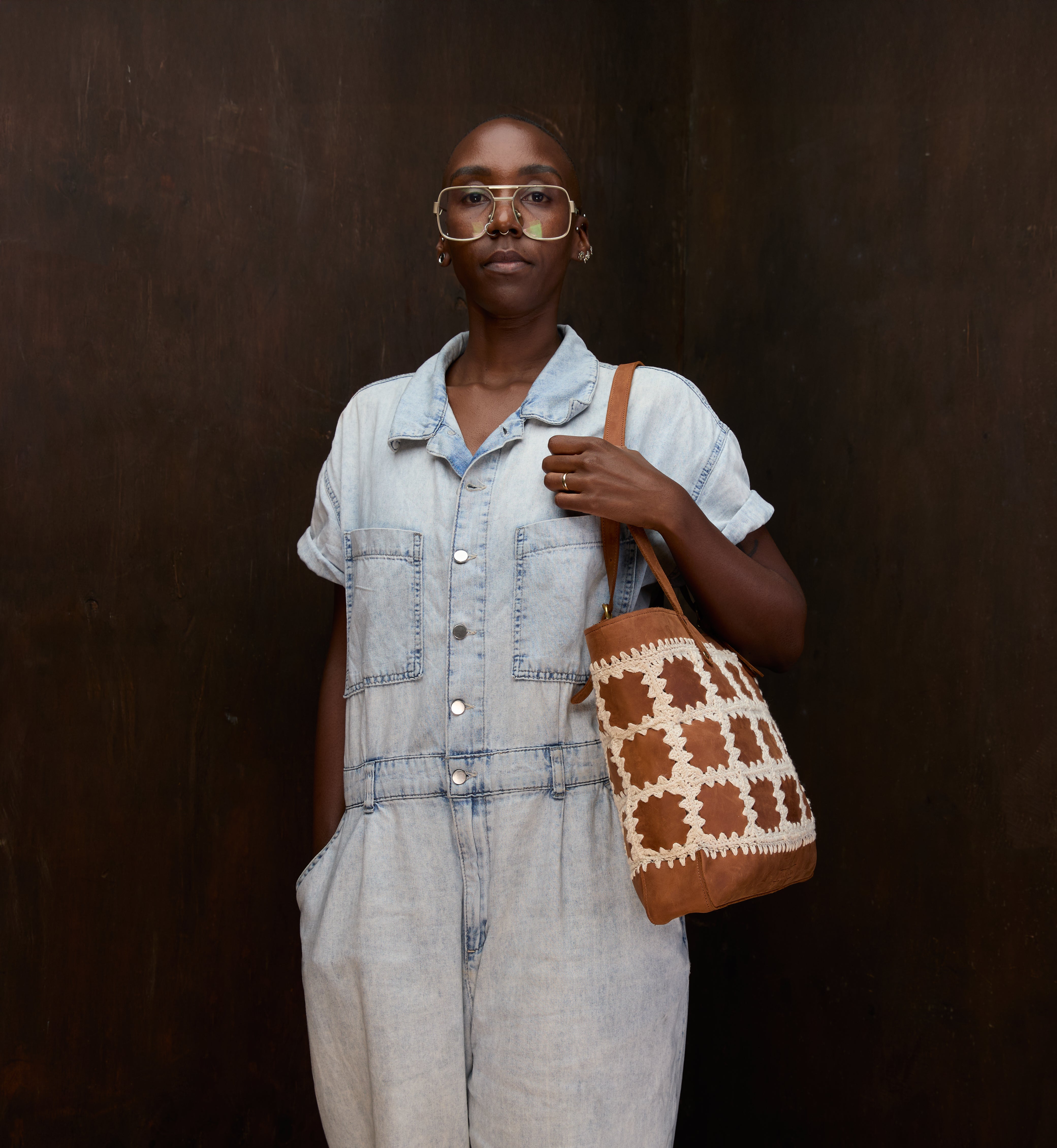 Pull-up Leather Siama Crochet Patched tote