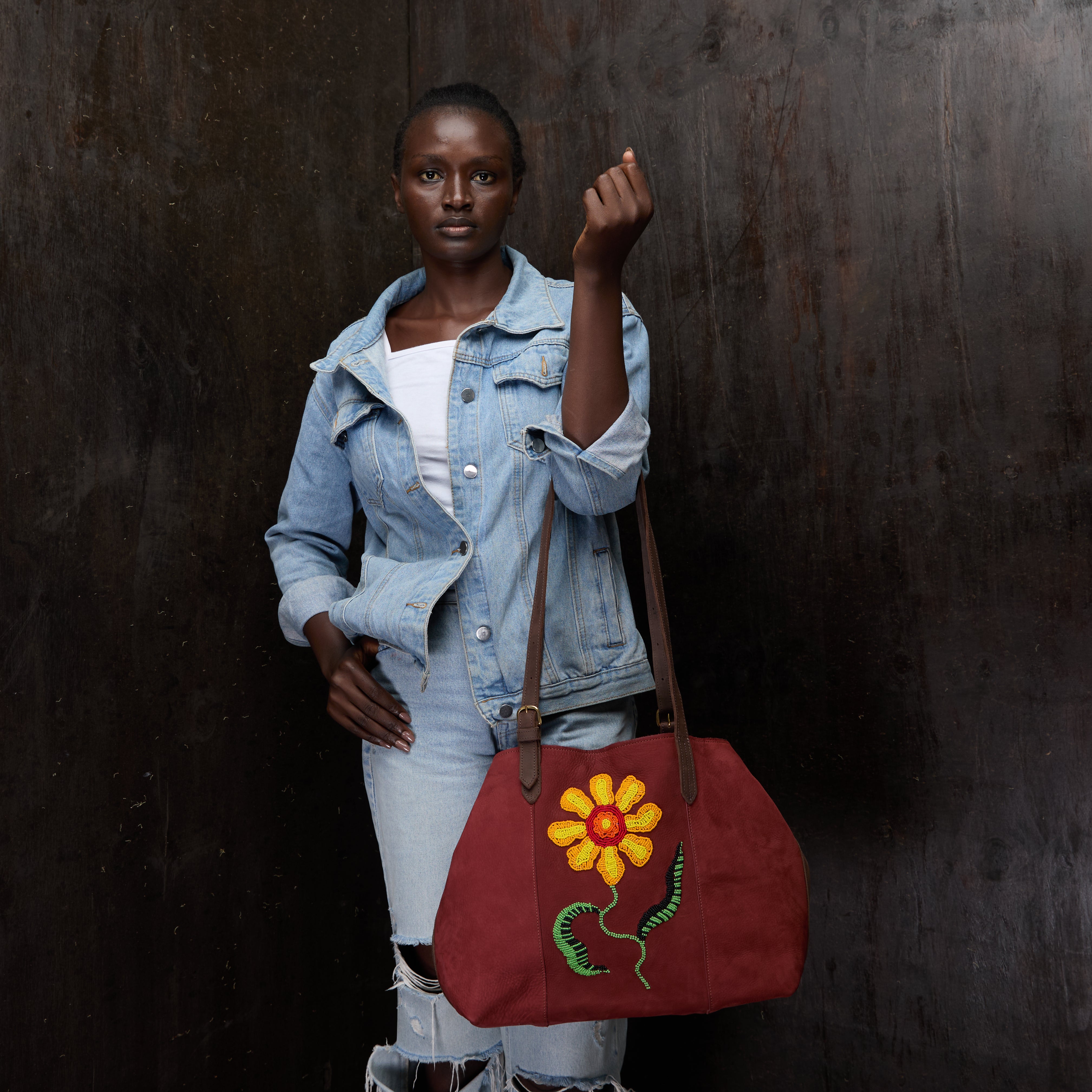 Suede Tote (Flower Beaded)