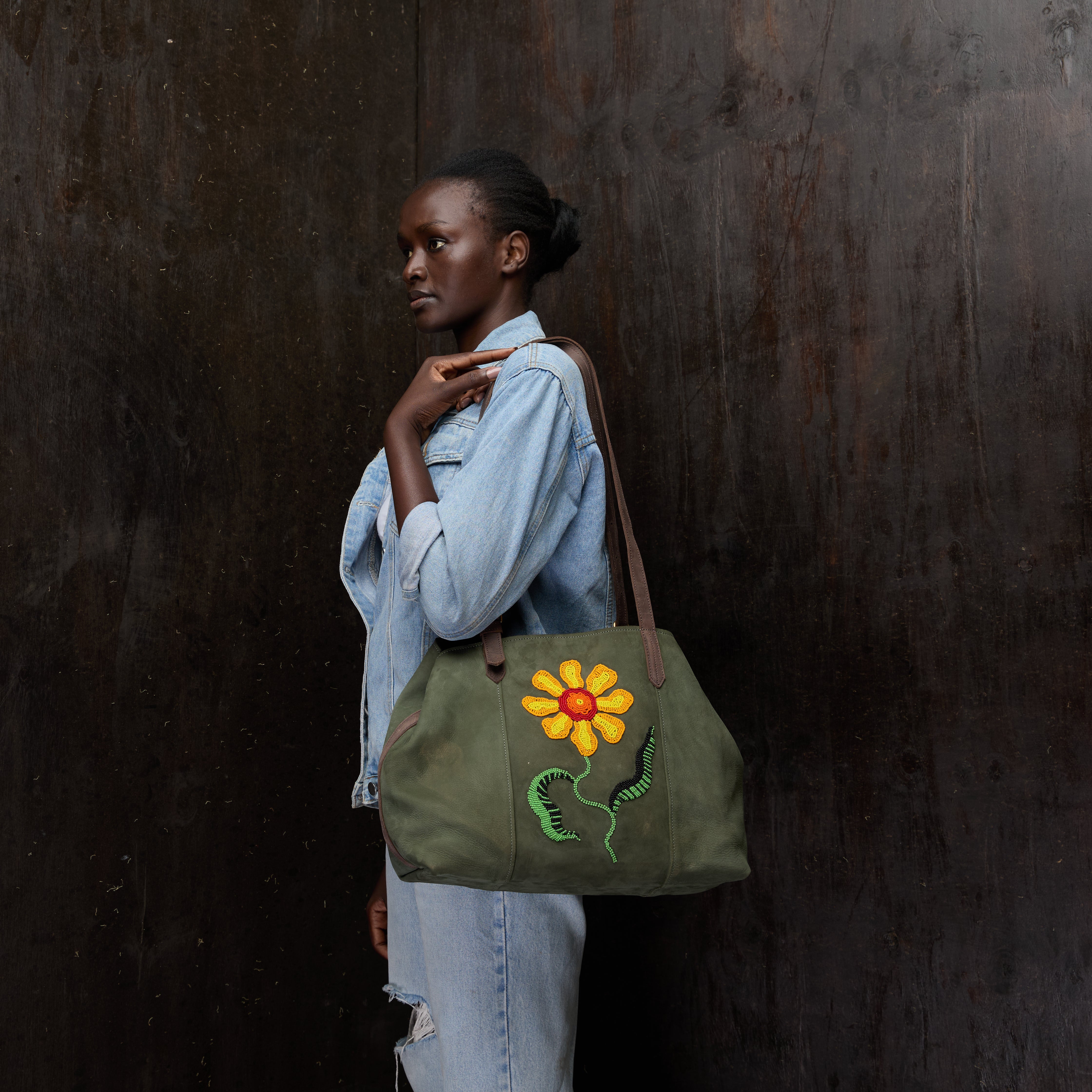 Suede Tote (Flower Beaded)