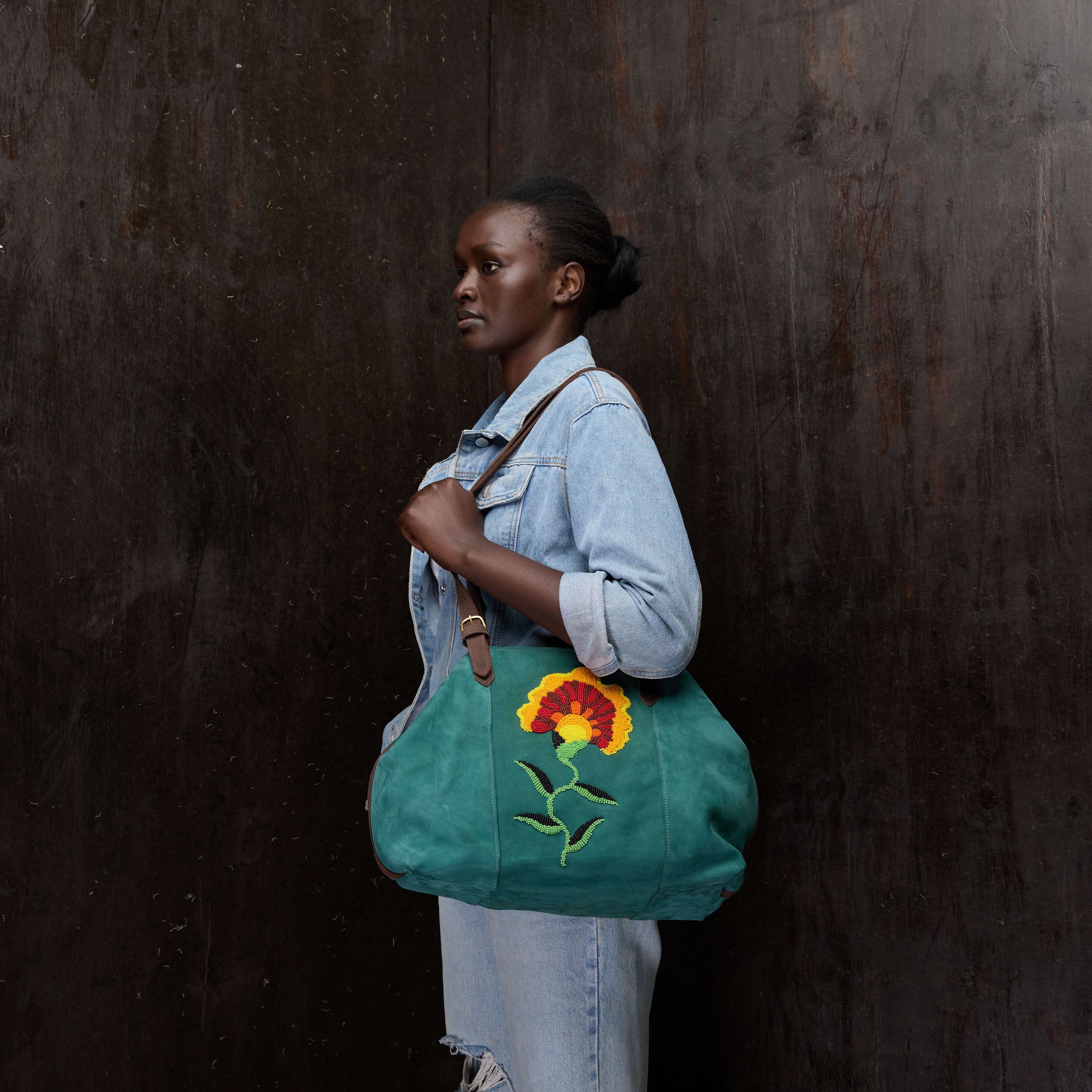 Suede Tote (Flower Beaded)