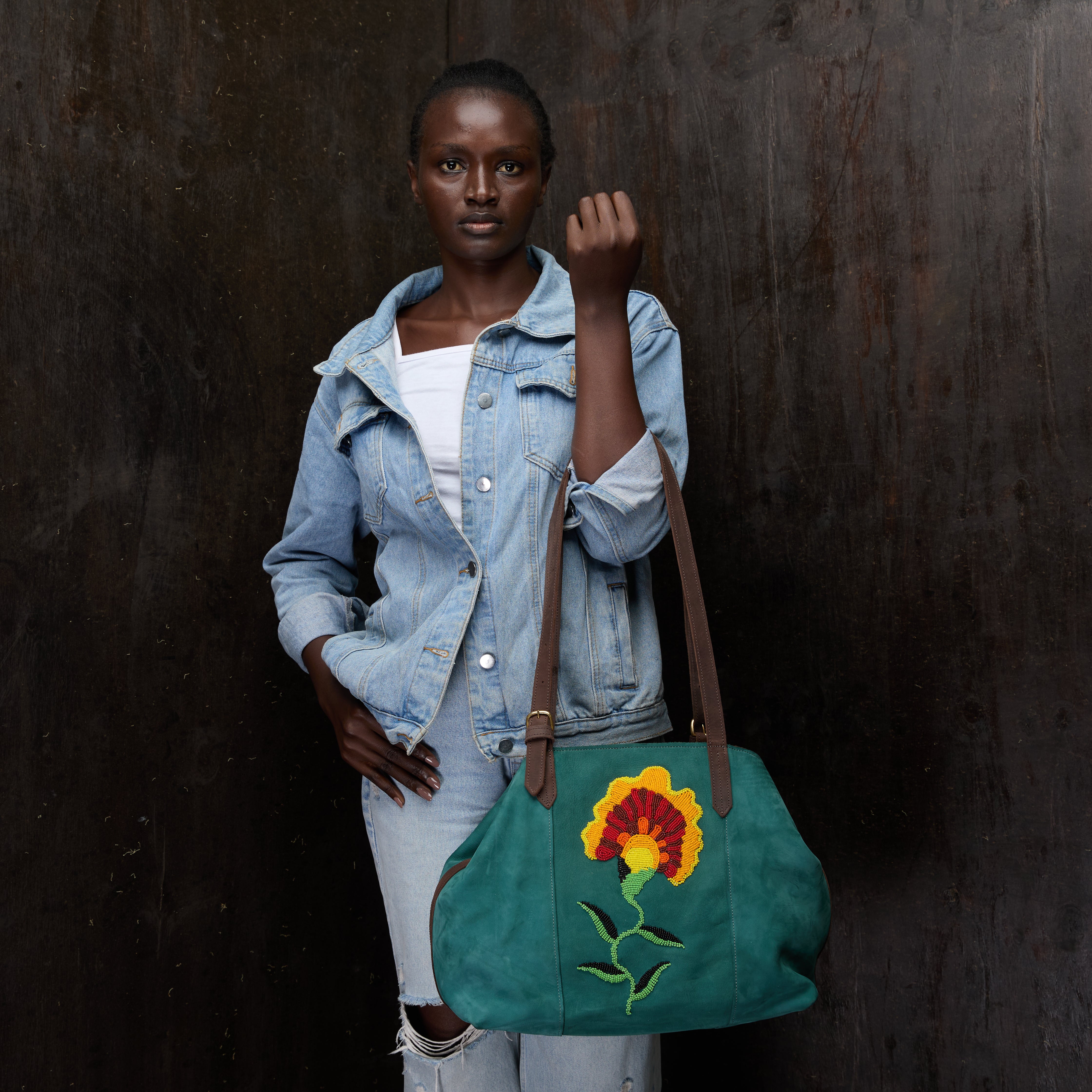 Suede Tote (Flower Beaded)