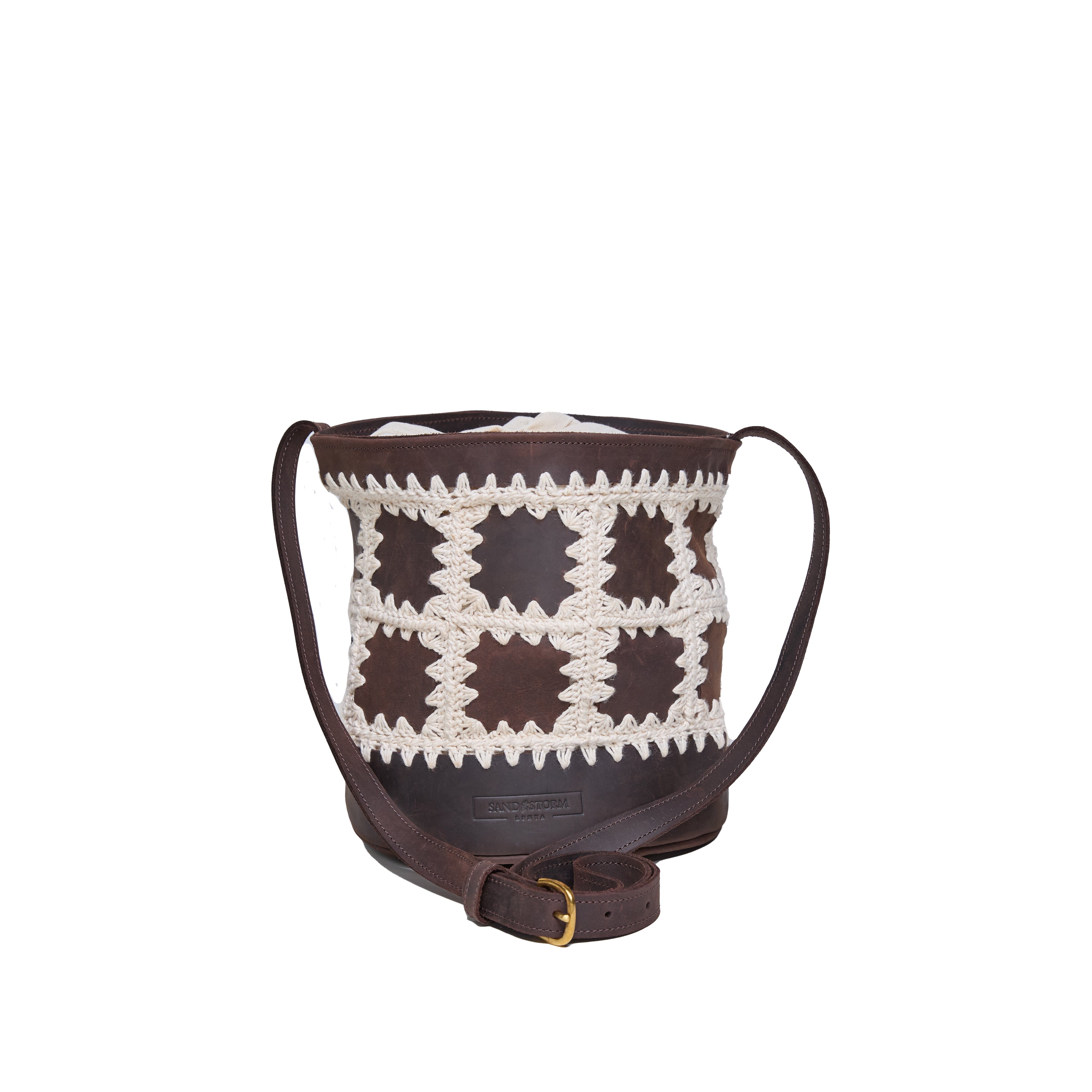 Pull-up Leather Bucket Patched Crochet Bag