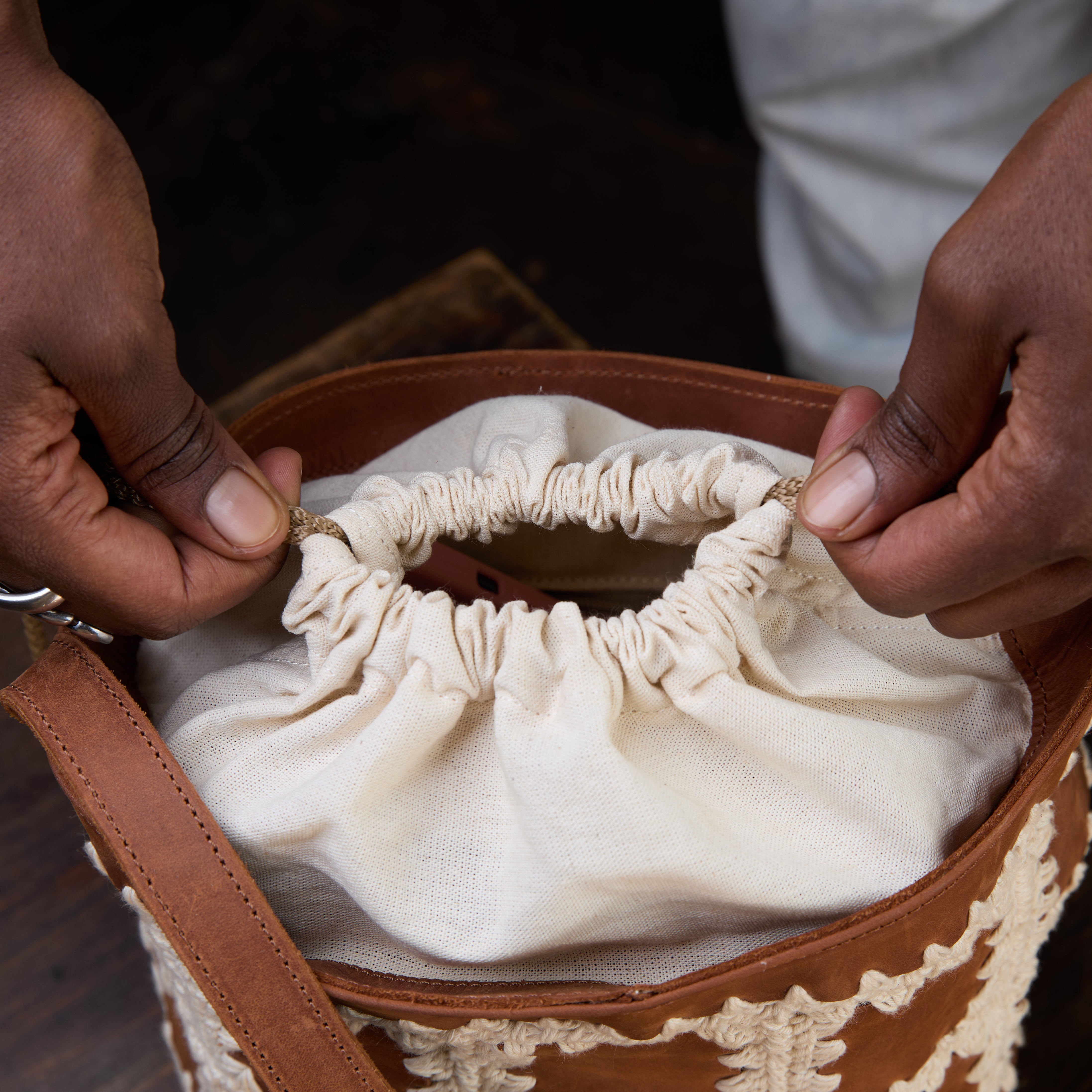 Pull-up Leather Bucket Patched Crochet Bag